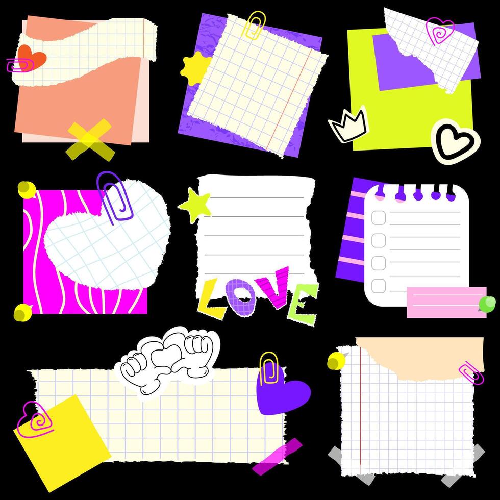 Paper Notes and Torn pieces of paper with stickers and various elements and tape. Sticky sheets and tape. Trendy elements for collage. Memo template Collection . blank sticky notepaper vector