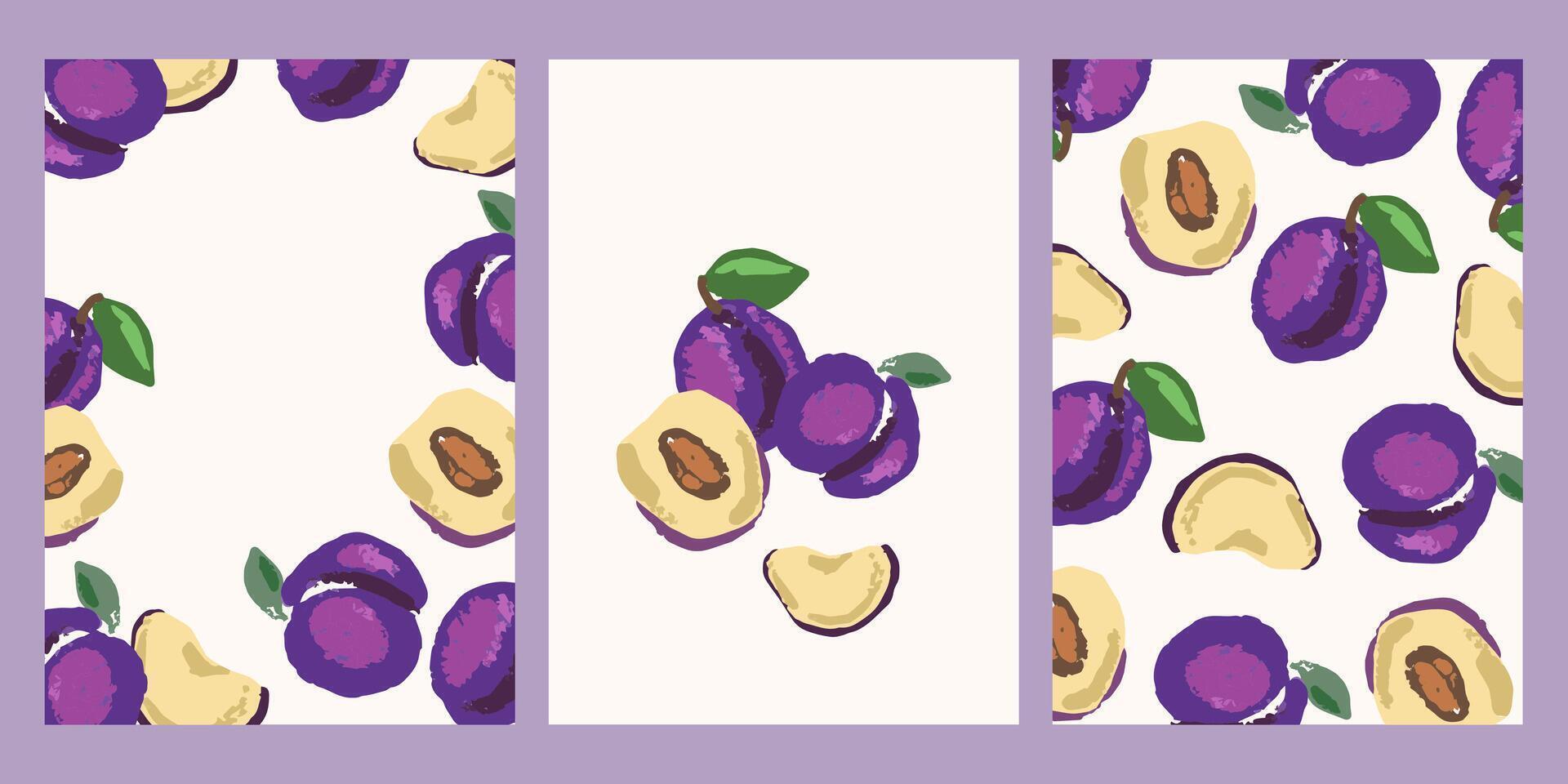 Abstract drawing plum fruit template set for poster banner print design.Product design with abstract hand drawn fruits. Hand drawing Summer background modern art drawing. illustration vector
