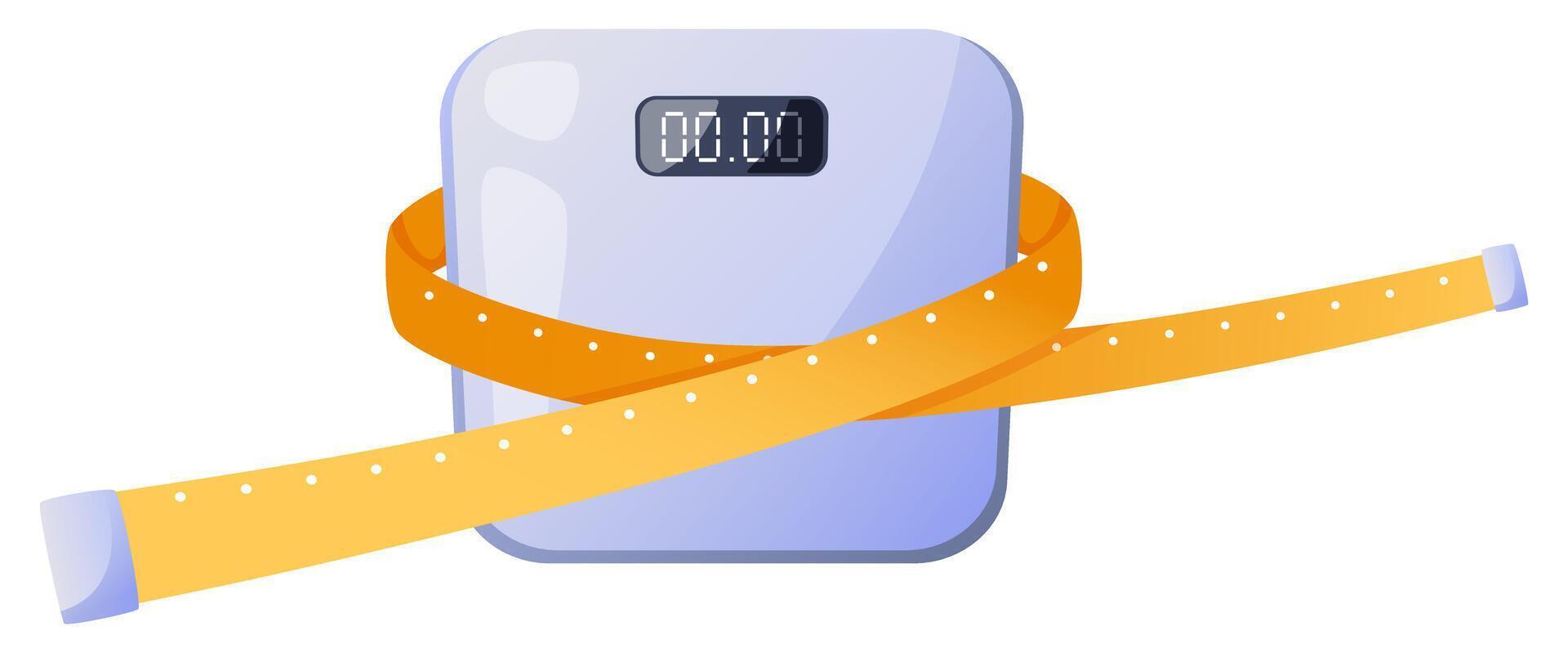 Floor scales and centimeter measuring tape for measurement and control. Weight loss, diet, healthy lifestyle, sports, fitness. Illustration on a white background, clipart for a healthy lifestyle theme vector