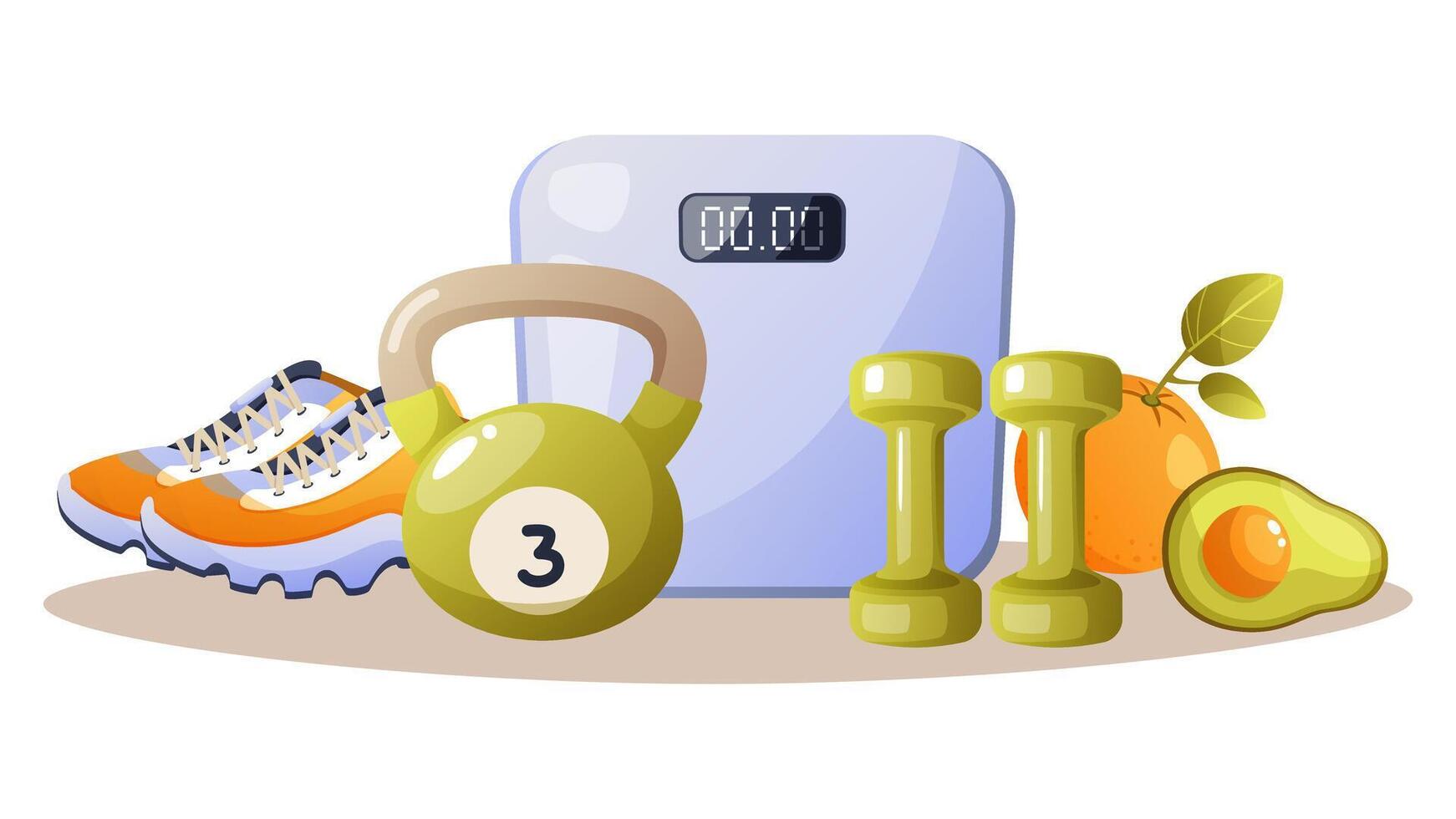 Floor scales, weights and dumbbells, fruit, bottle of water and avocado. Weight loss, diet, healthy lifestyle, proper nutrition, fitness, sports. Healthy lifestyle theme vector