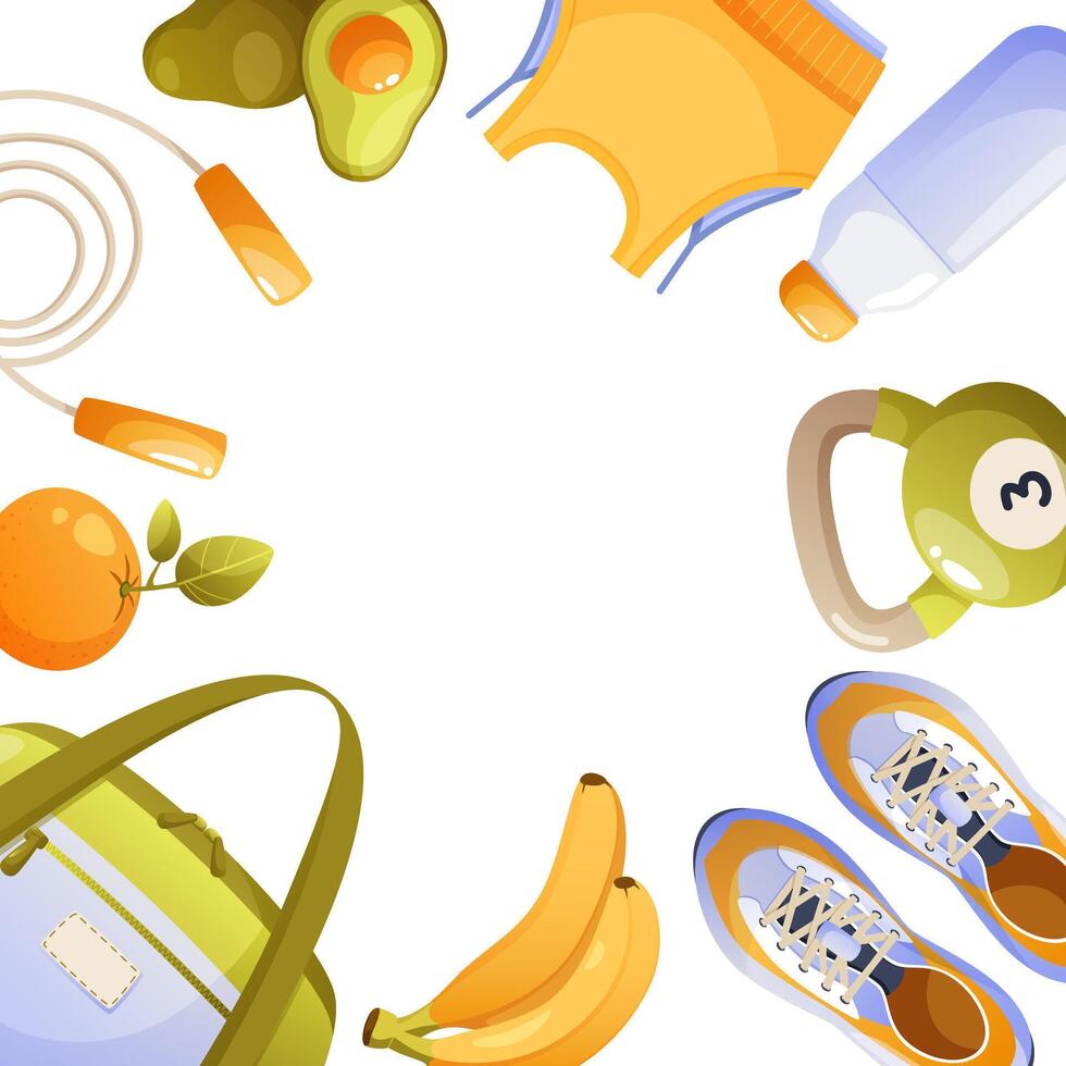 Frame of sports equipment, sportswear, weights, dumbbells, fruits, water bottle and avocado. Weight loss, diet, healthy lifestyle, proper nutrition, fitness, sports. Sports lifestyle theme vector
