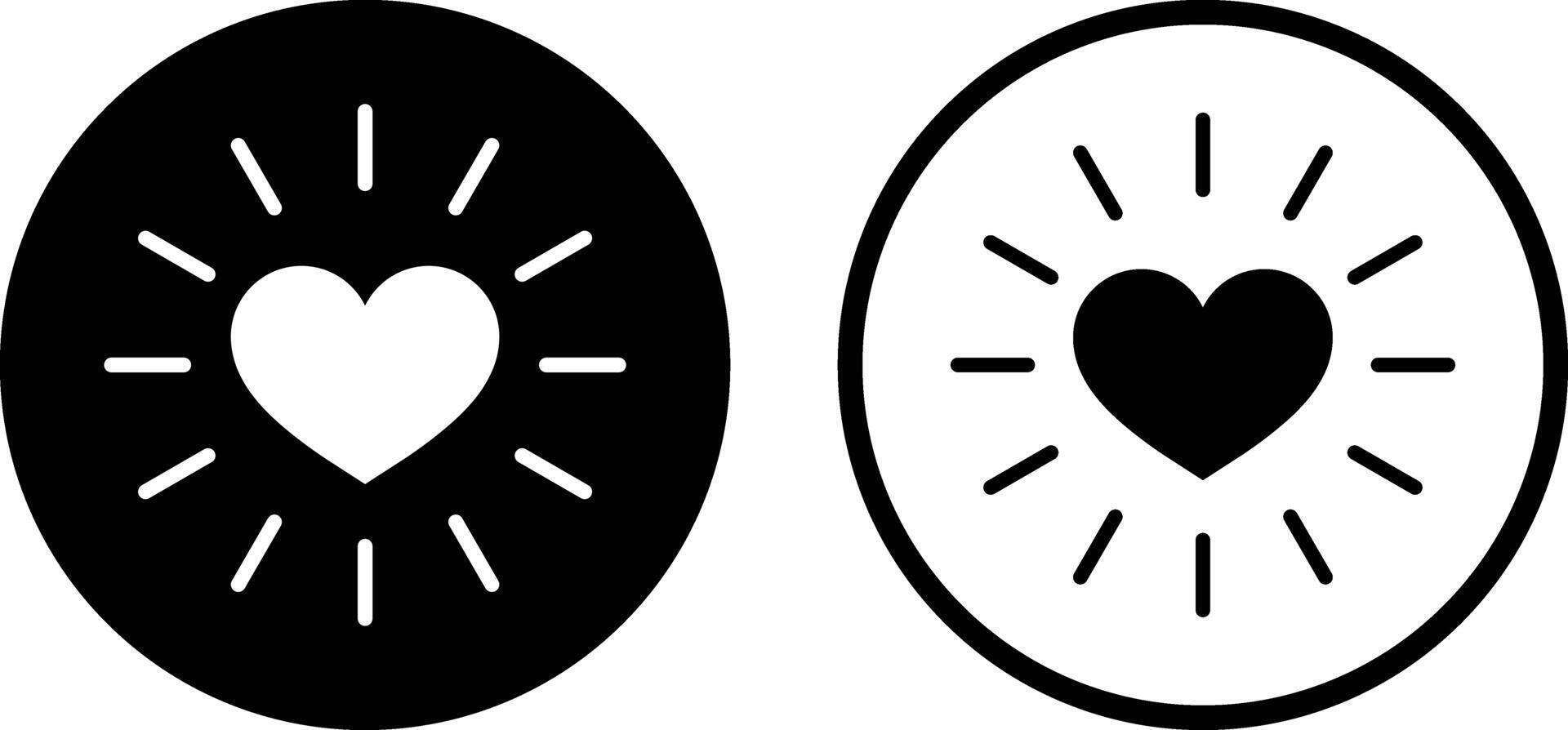 Shining heart icon set in two styles . Heart sunshine icon . Heart with shine icon . love burst icon vector