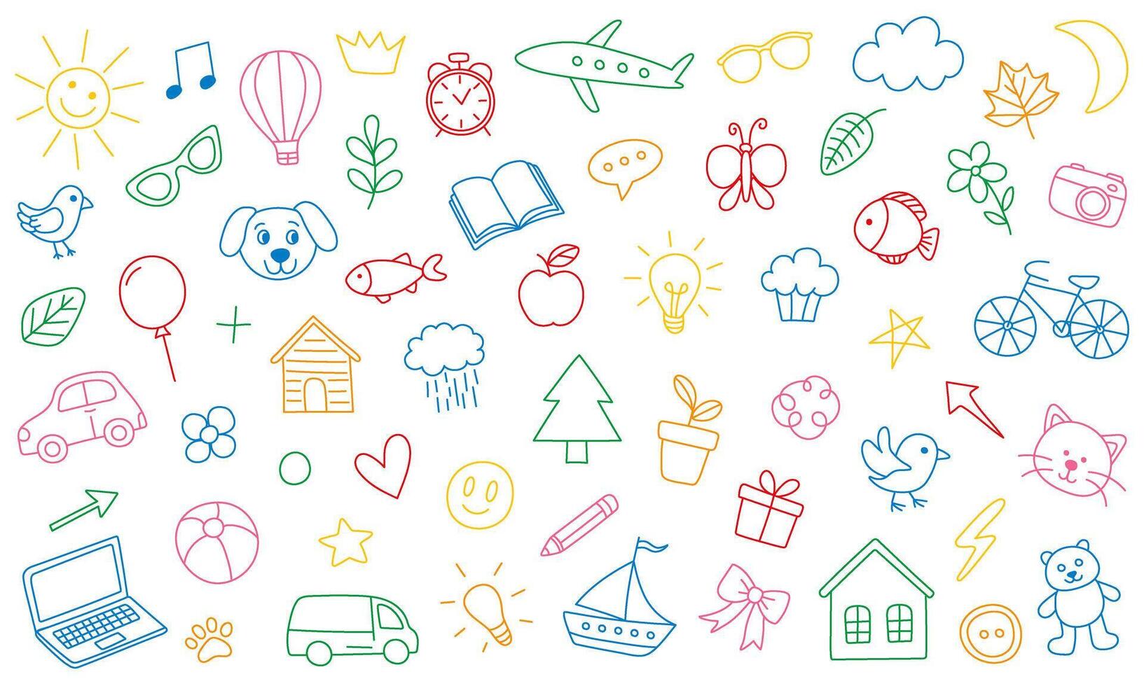 Colorful icon set in childish doodle style isolated on white. Hand drawn illustration. vector