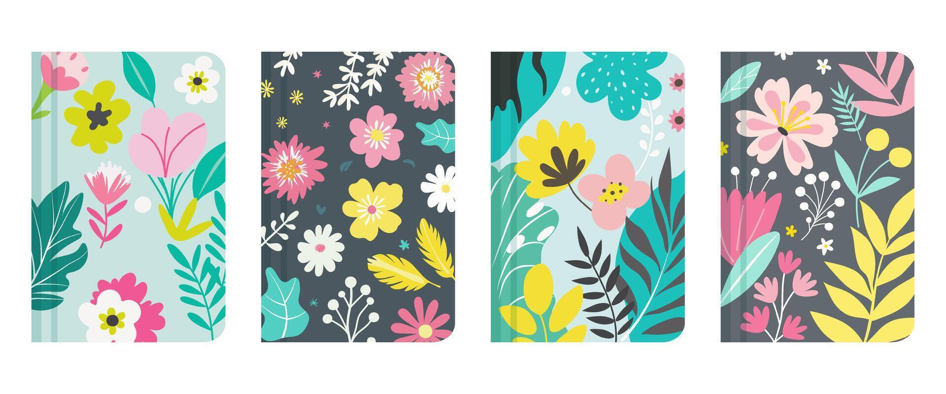 Book cover design set with hand drawn floral decorations. Bright abstract background collection for notebook, planner, brochure, catalog. vector