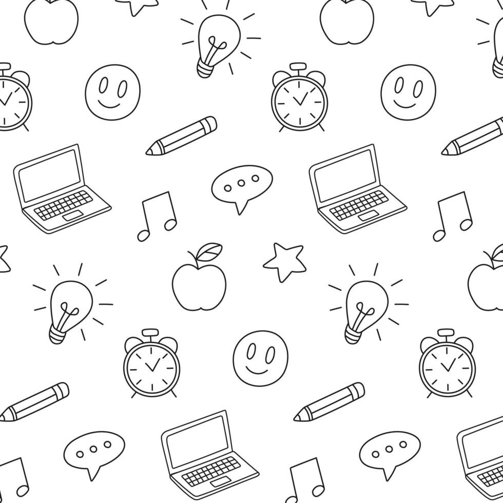 Doodle childish icon seamless pattern. Hand drawing black outline elements on white background. Laptop, pencil, idea sign, bubble speech, star , smile, apple. vector