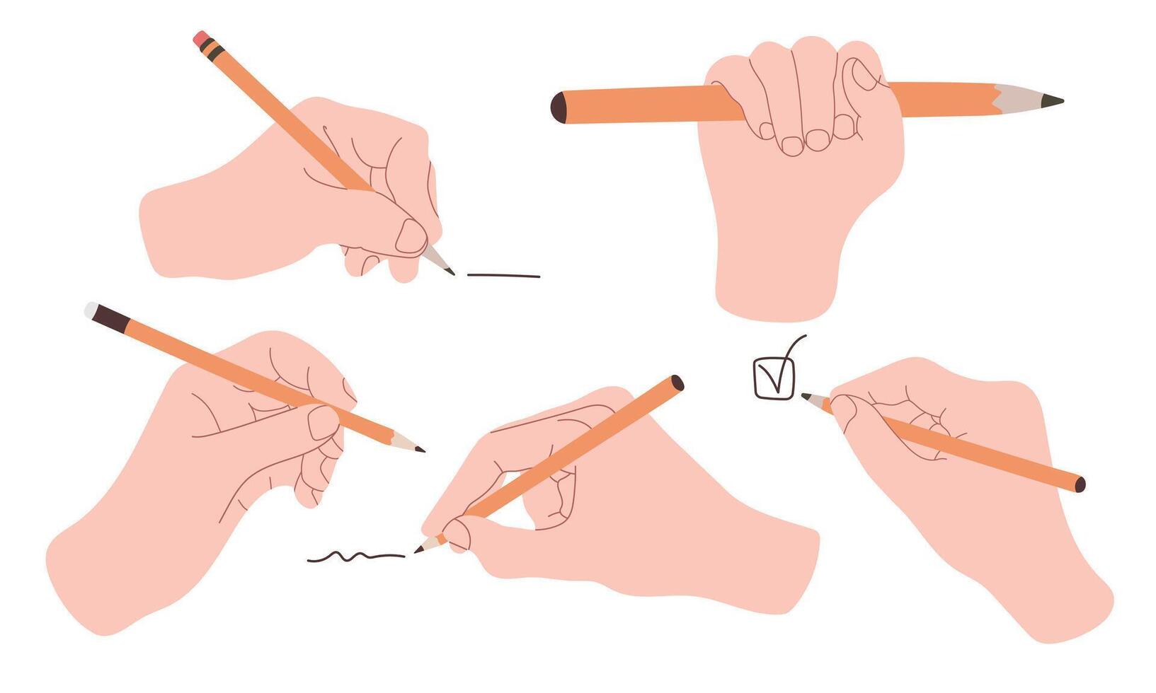 Set of hands holding a pencil isolated on white. Pencil marks during the learning process, checking. Illustration in flat style. vector