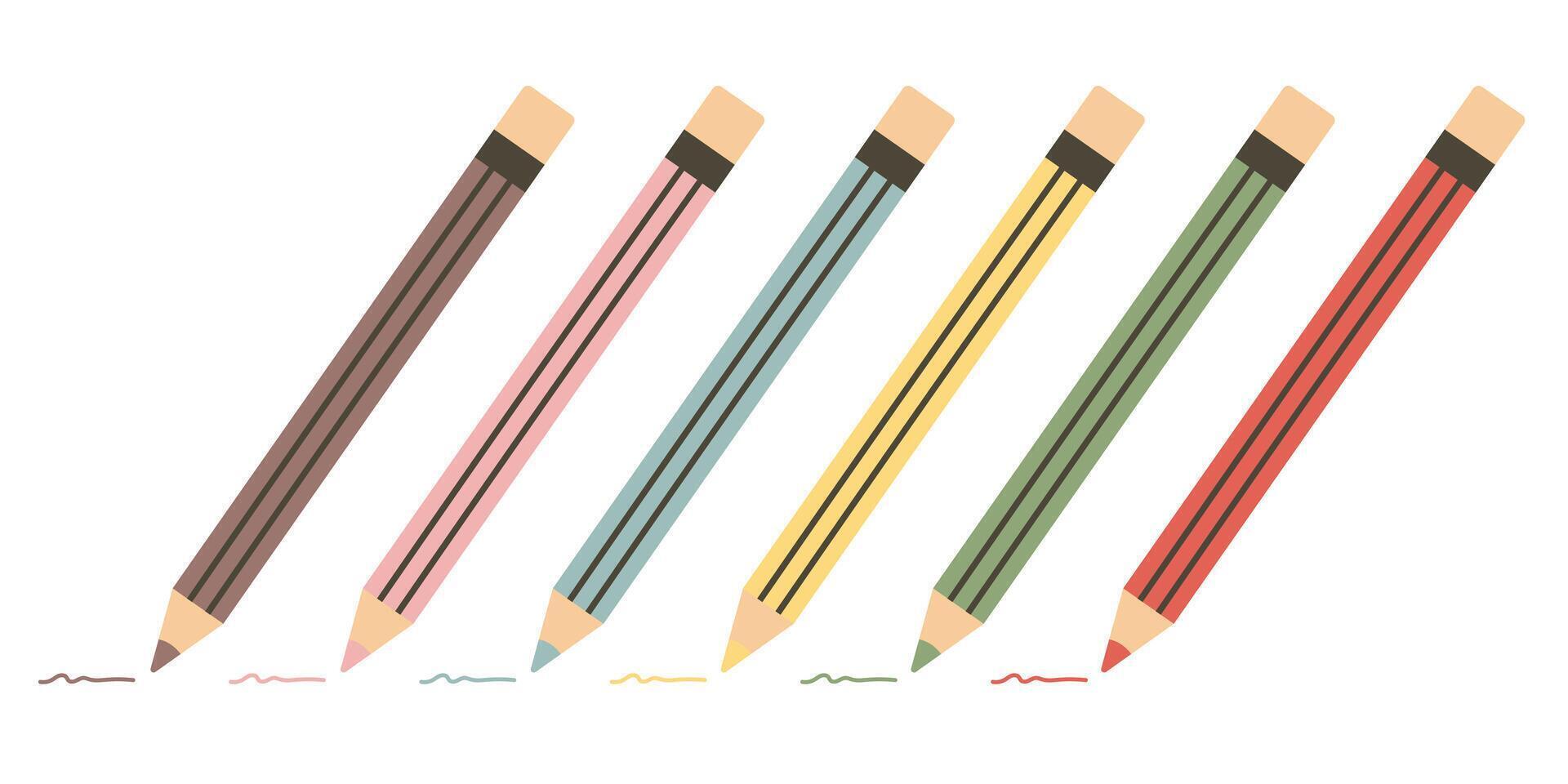 Colorful flat pencil icon set isolated on white. School art supplies. vector