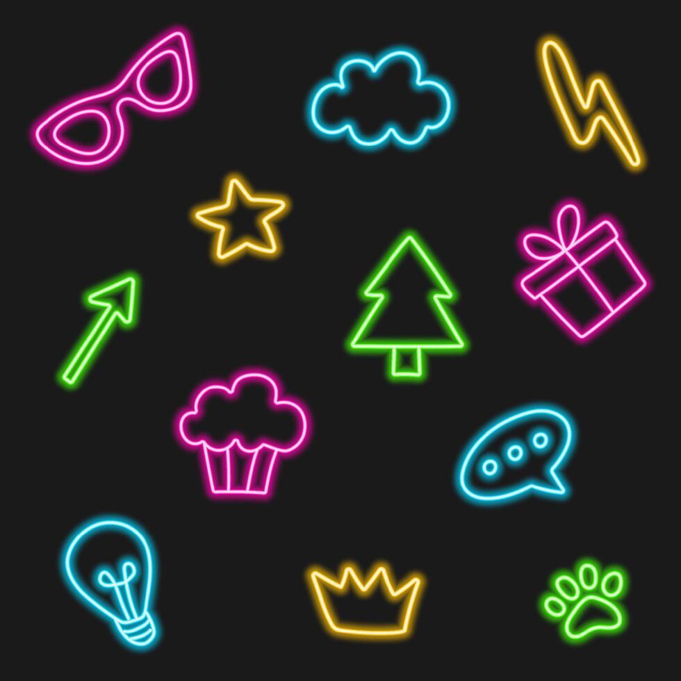 Neon doodle icon set isolated on black background. Pop art neon light sign. vector