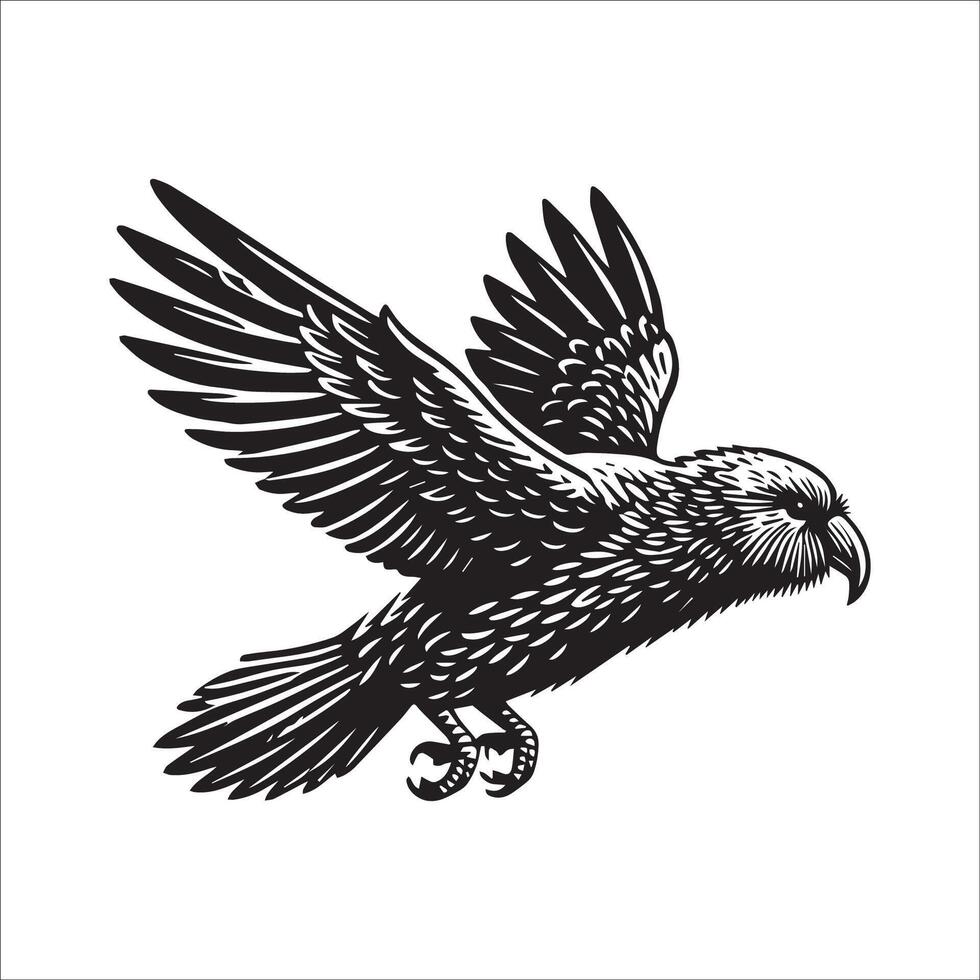 Kakapo silhouette - Owl Parrot Clipart - A Kakapo bird flying illustration in black and white vector