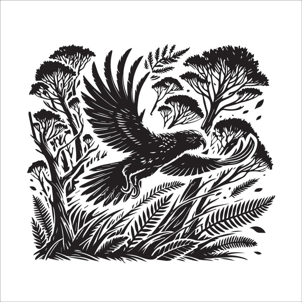 Kakapo silhouette - Owl Parrot Clipart - A Kakapo bird flying illustration in black and white vector