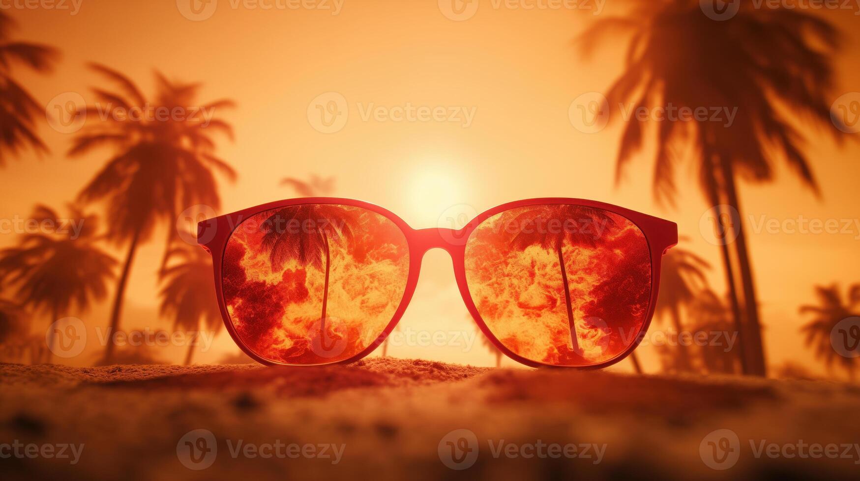 Red Sunglasses Reflecting Palm Trees at Sunset on Tropical Beach photo