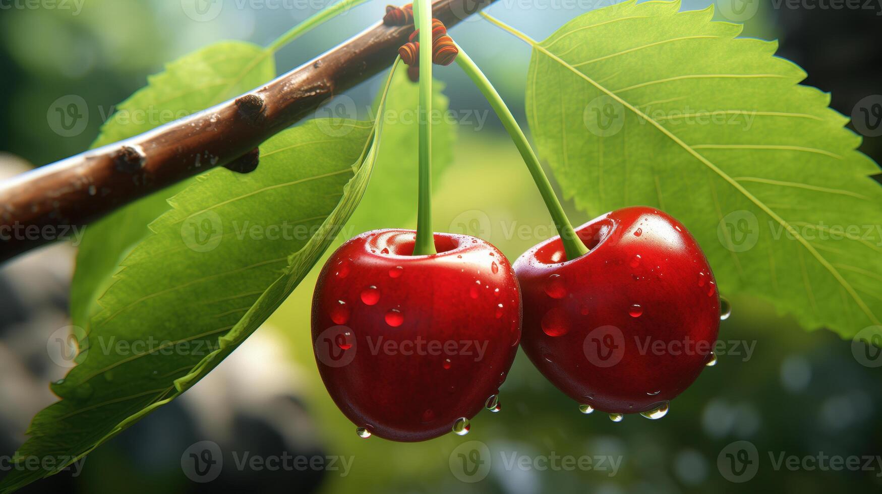 Fresh Red Cherries On Branch With Dew In Morning Light photo