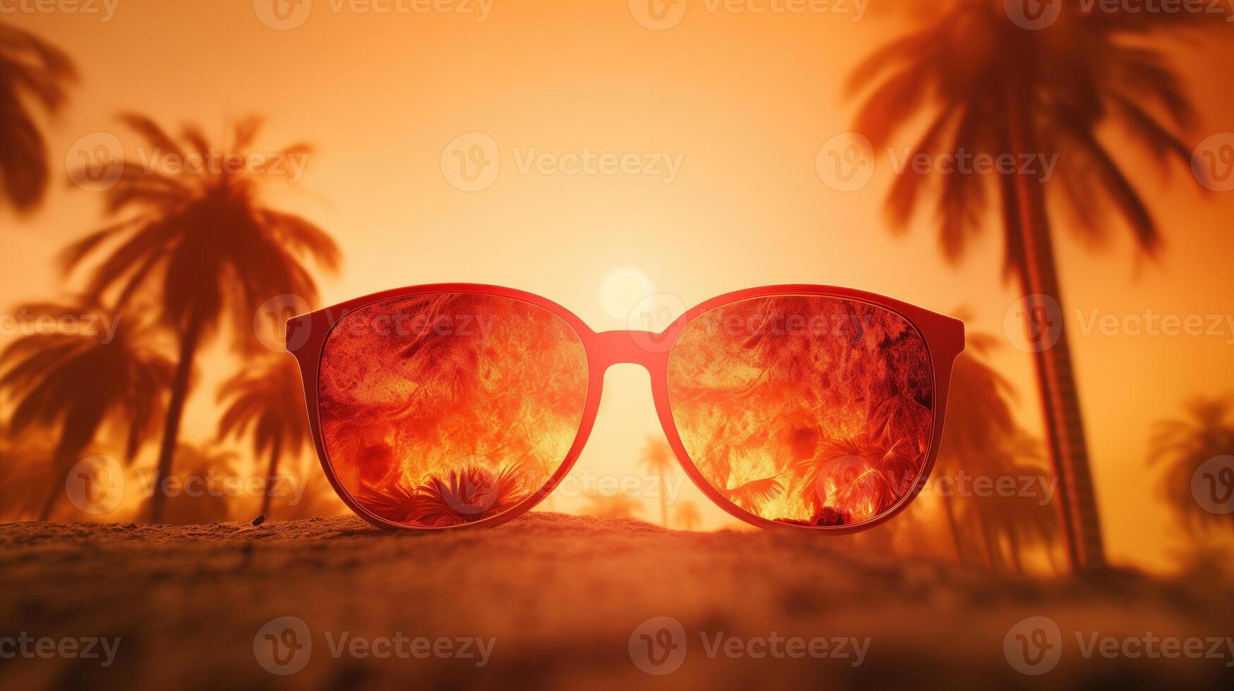Sunglasses with Tropical Palm Trees Reflection at Sunset photo