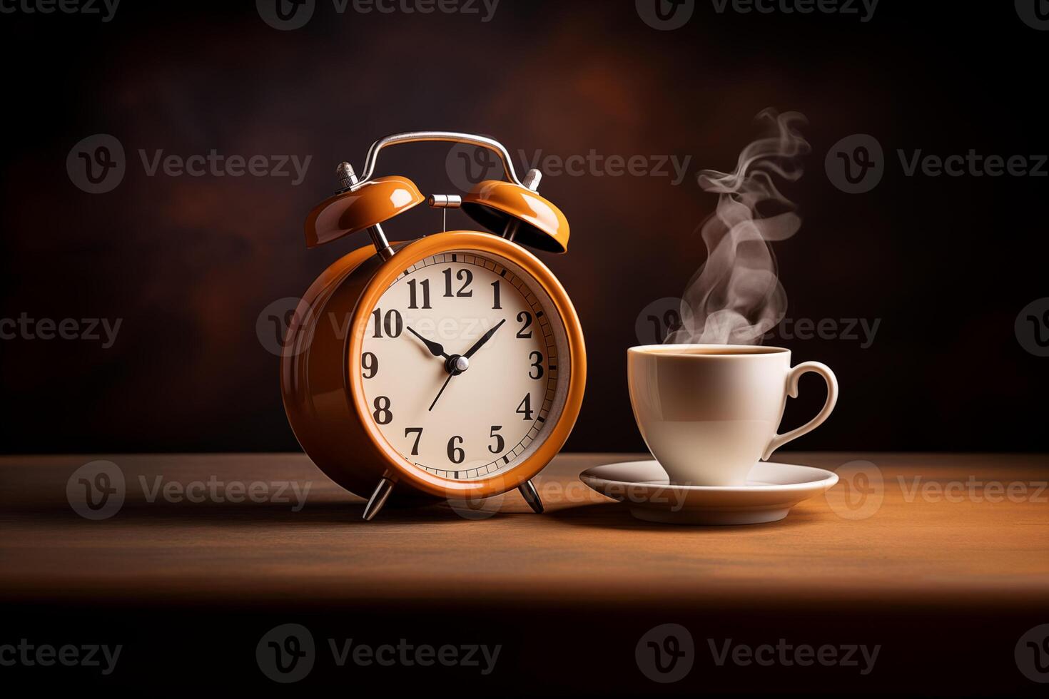 alarm clock next to steaming cup of coffee photo