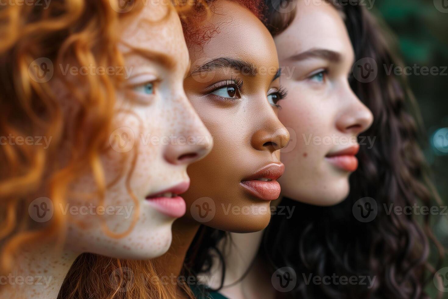 Three diverse young women of different ethnicity, skin and hair color photo