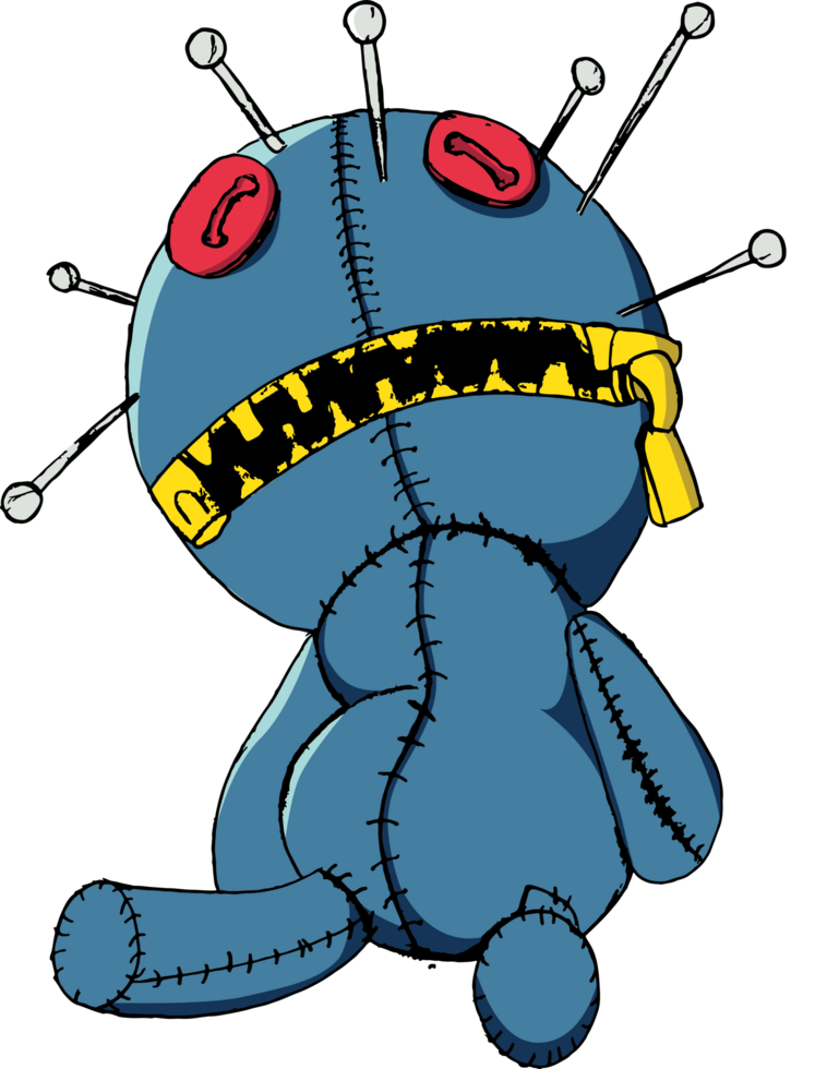 Creepy doll with needles stuck in its head png