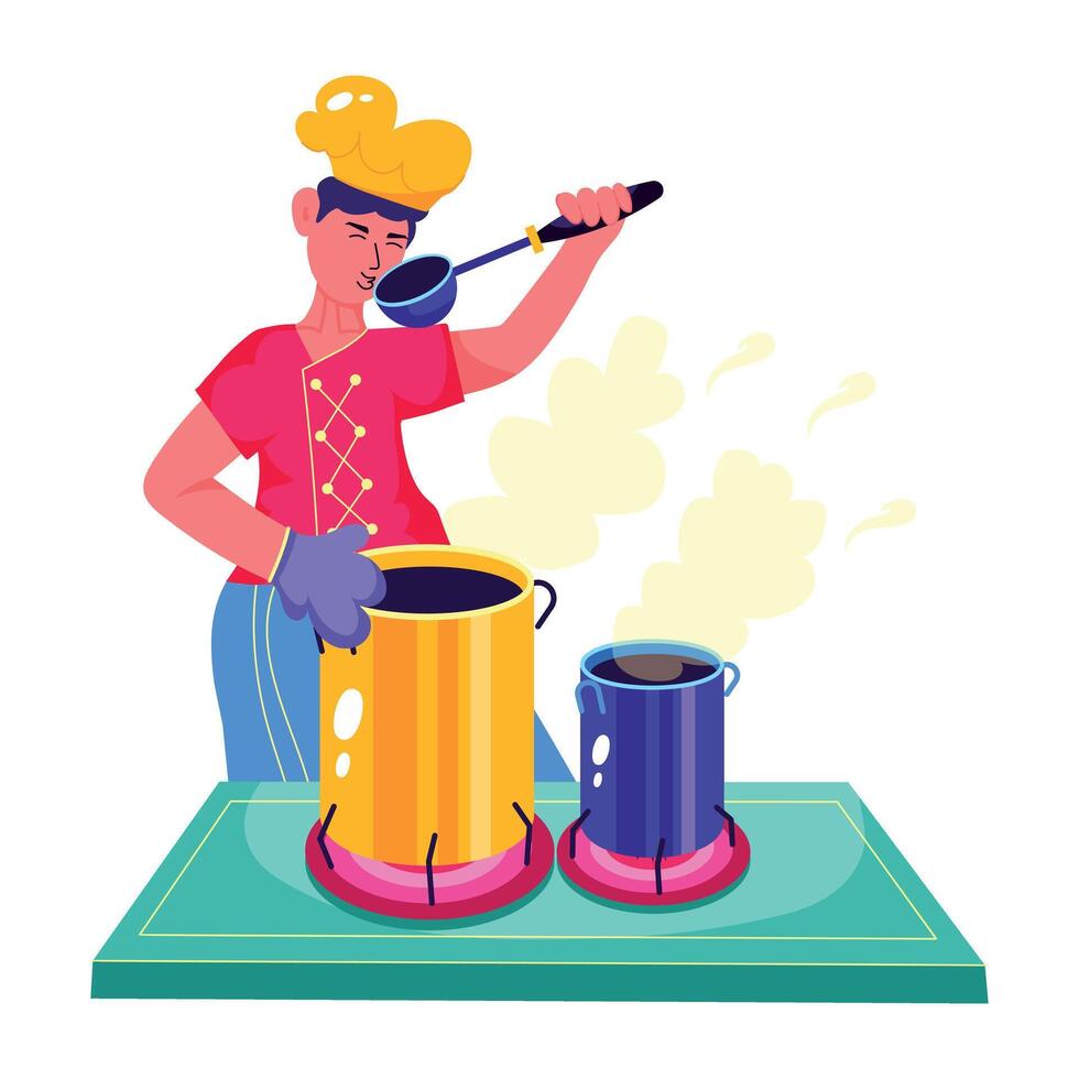 Chef making soup, flat style illustration vector