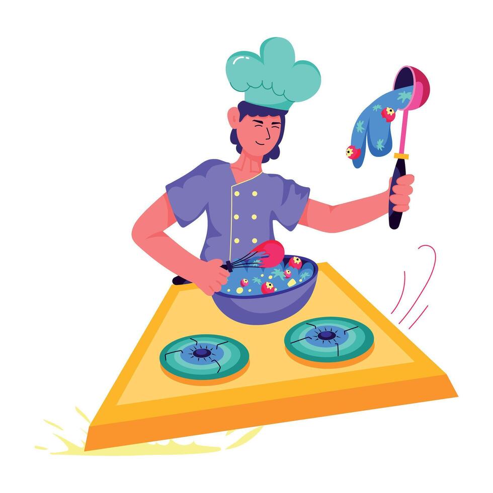 A flat character illustration of baking expert making batter vector