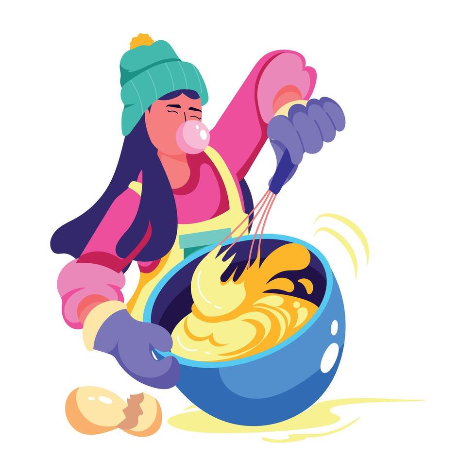 Cool girl mixing batter, flat character illustration vector