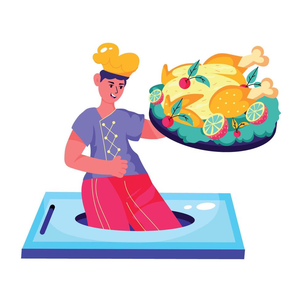 Chef serving roasted chicken from food app, flat illustration vector