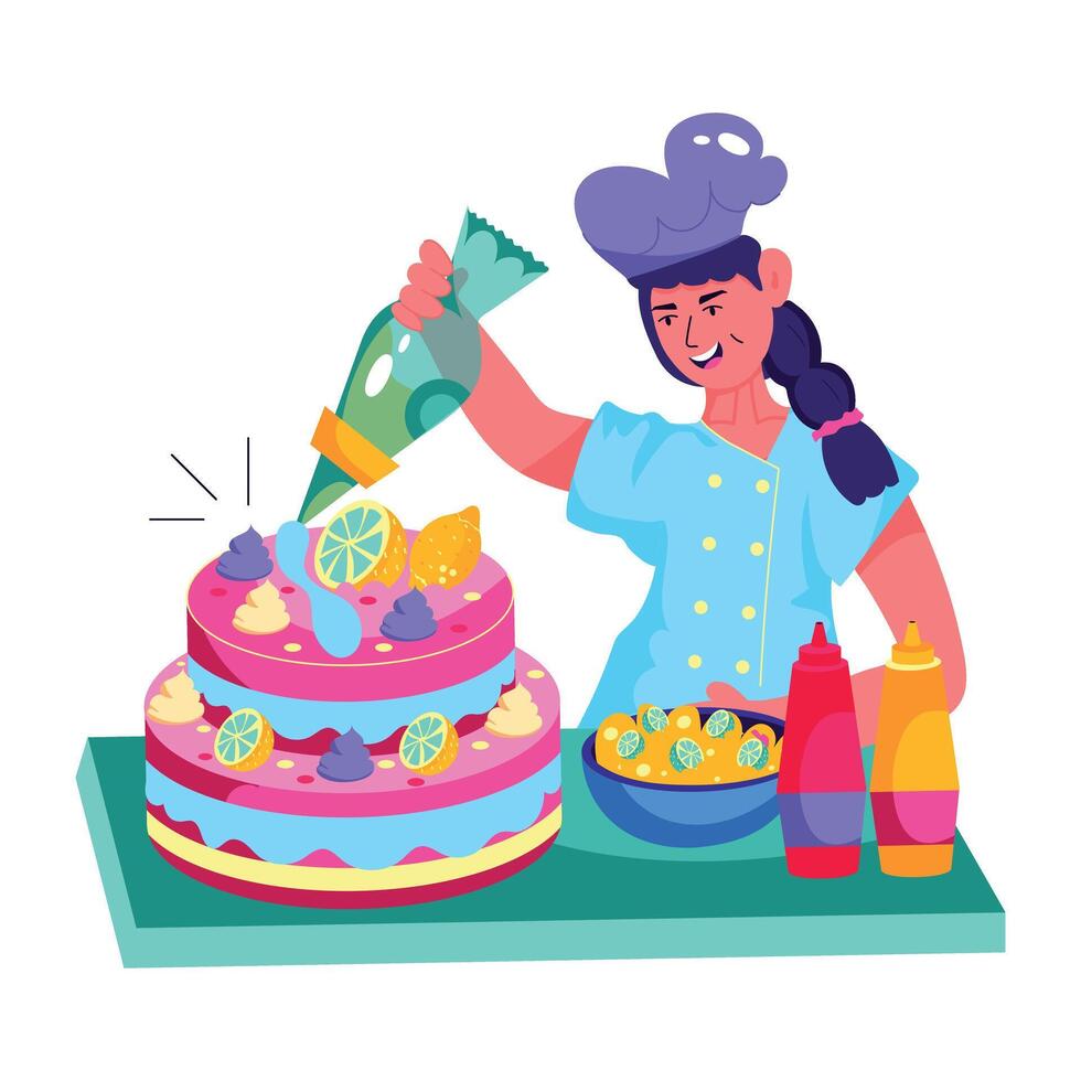A flat character illustration of girl decorating cake vector