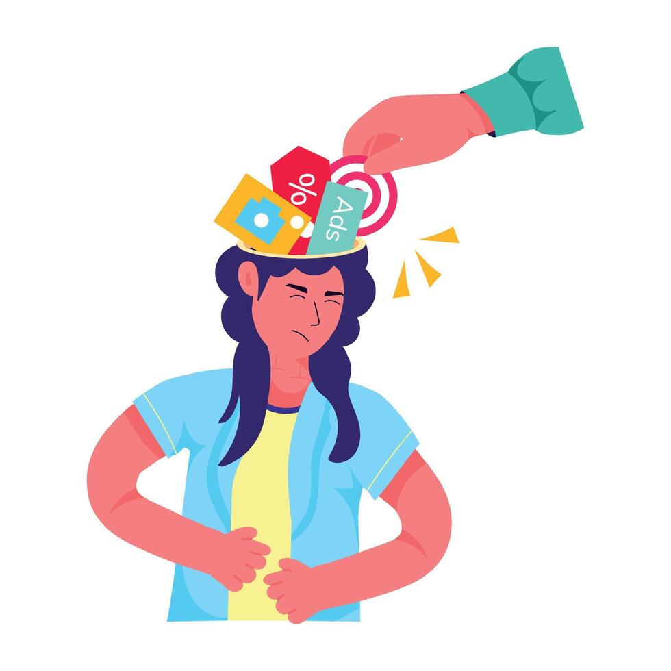 Girl taking sales pression and feeling sad, flat illustration vector