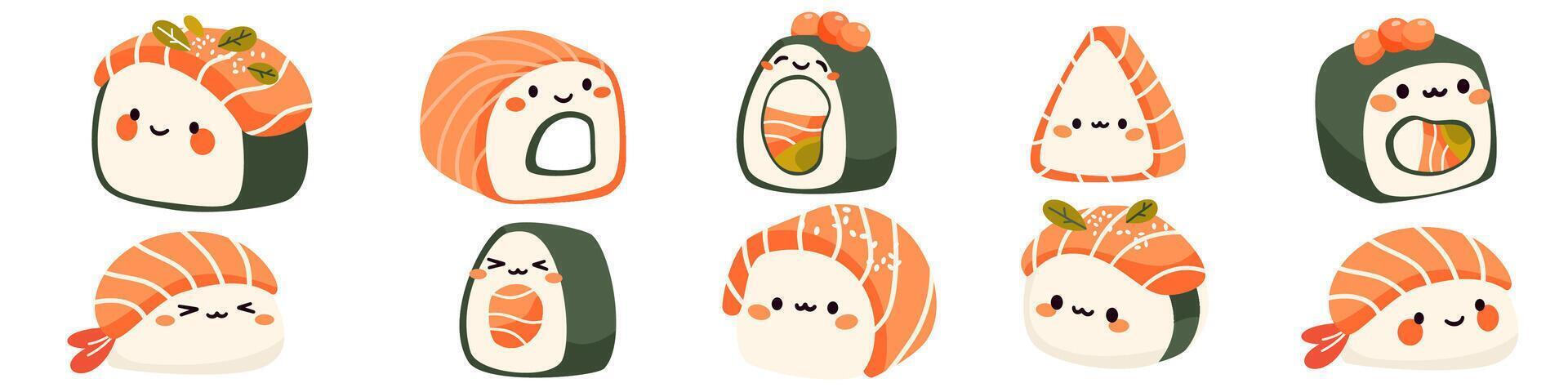 Set of illustrations in kawaii style. Cute smiling rolls and sushi on white background vector
