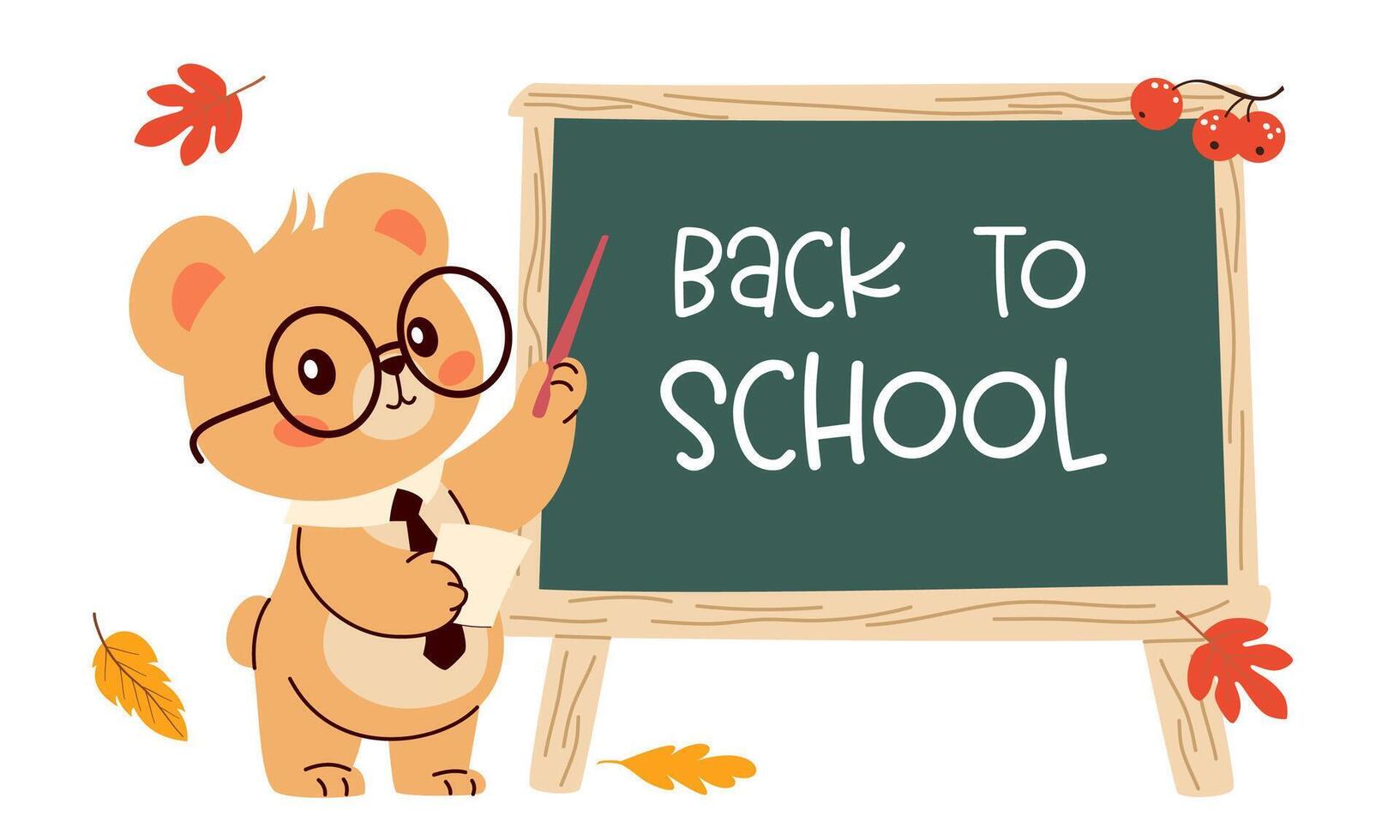 Flat illustration in childish style on the theme of education. Cute bear in glasses and with a pointer points to the school blackboard, lettering back to school vector