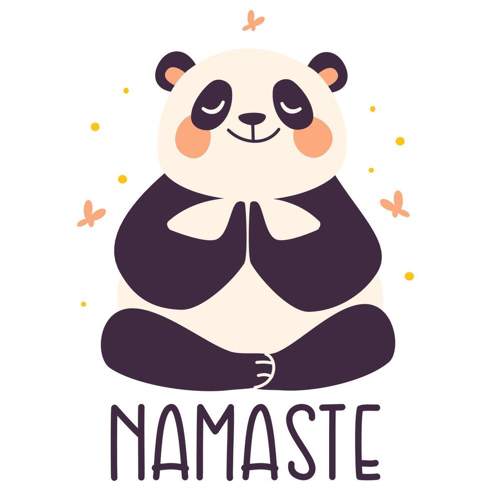 Cute panda sitting in lotus pose and meditating. flat illustration in kids style, inscription Namaste. vector