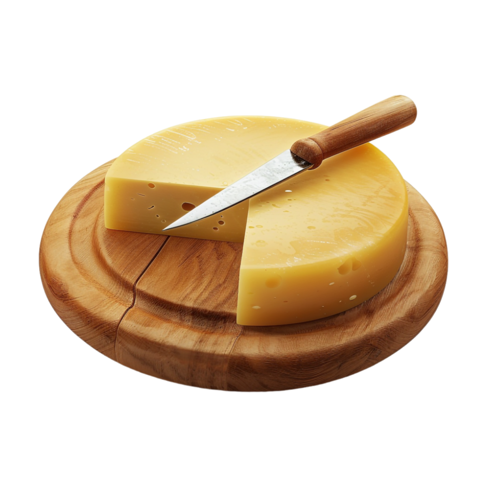 Cheese with Knife on Wooden Plate on Transparent Background png