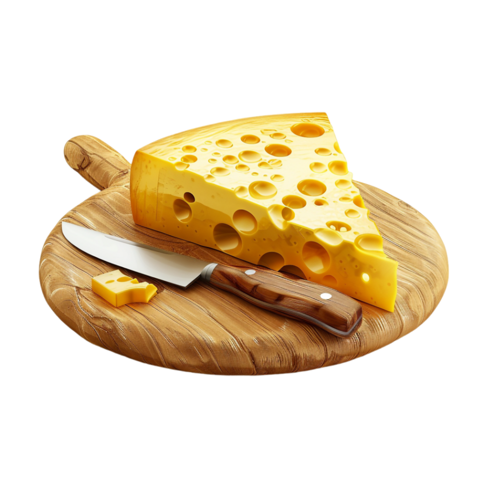 Cheese with Knife on Wooden Plate on Transparent Background png