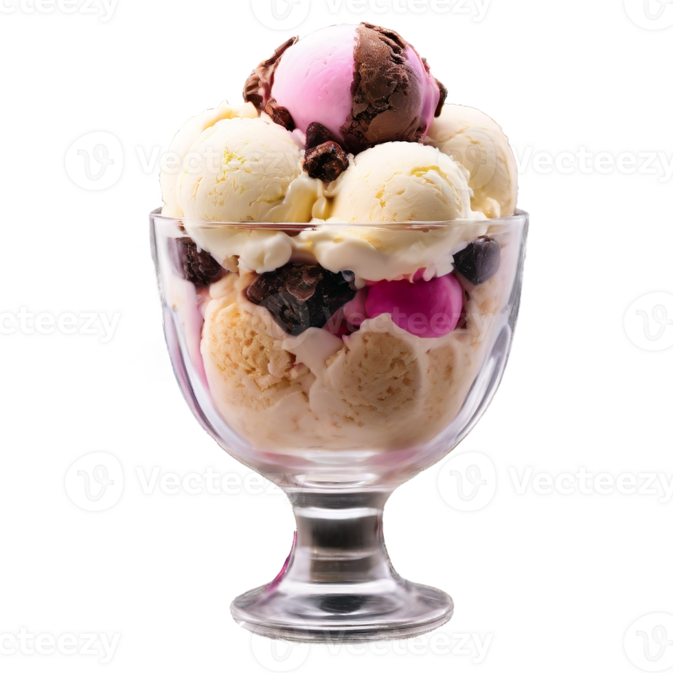 Frozen dessert ice cream sundae in a glass tulip cup on transparent background png