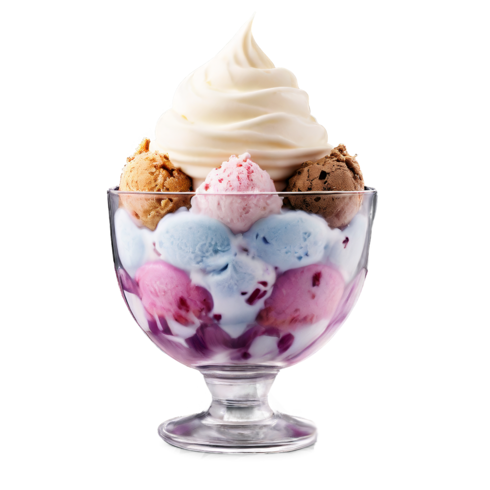 Frozen dessert ice cream sundae in a glass tulip cup on transparent background png