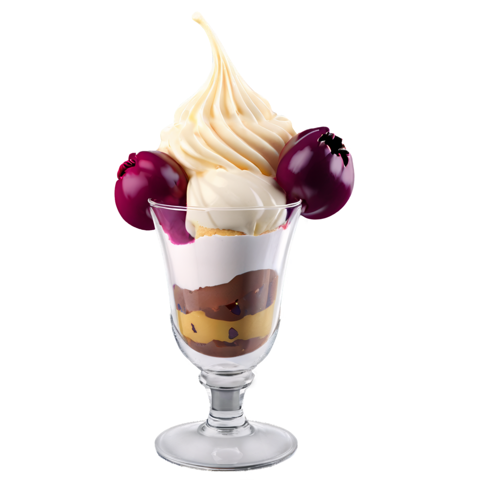 Frozen dessert ice cream sundae in a glass tulip cup on transparent background png