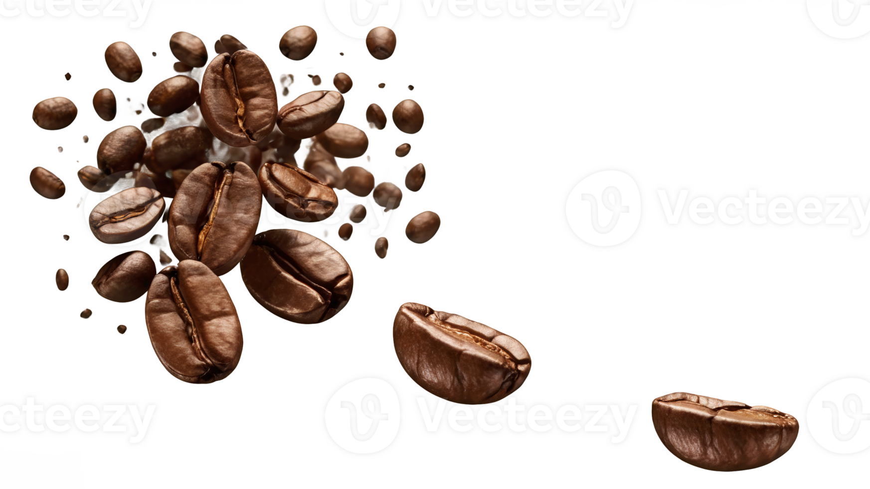 Flying coffee beans and coffee grounds scattered in the air isolated on a transparent background png