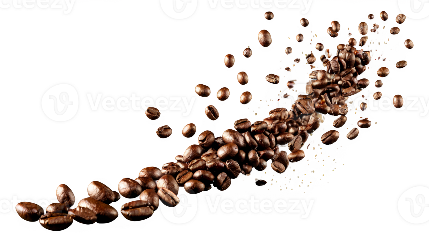 Flying coffee beans and coffee grounds scattered in the air isolated on a transparent background png