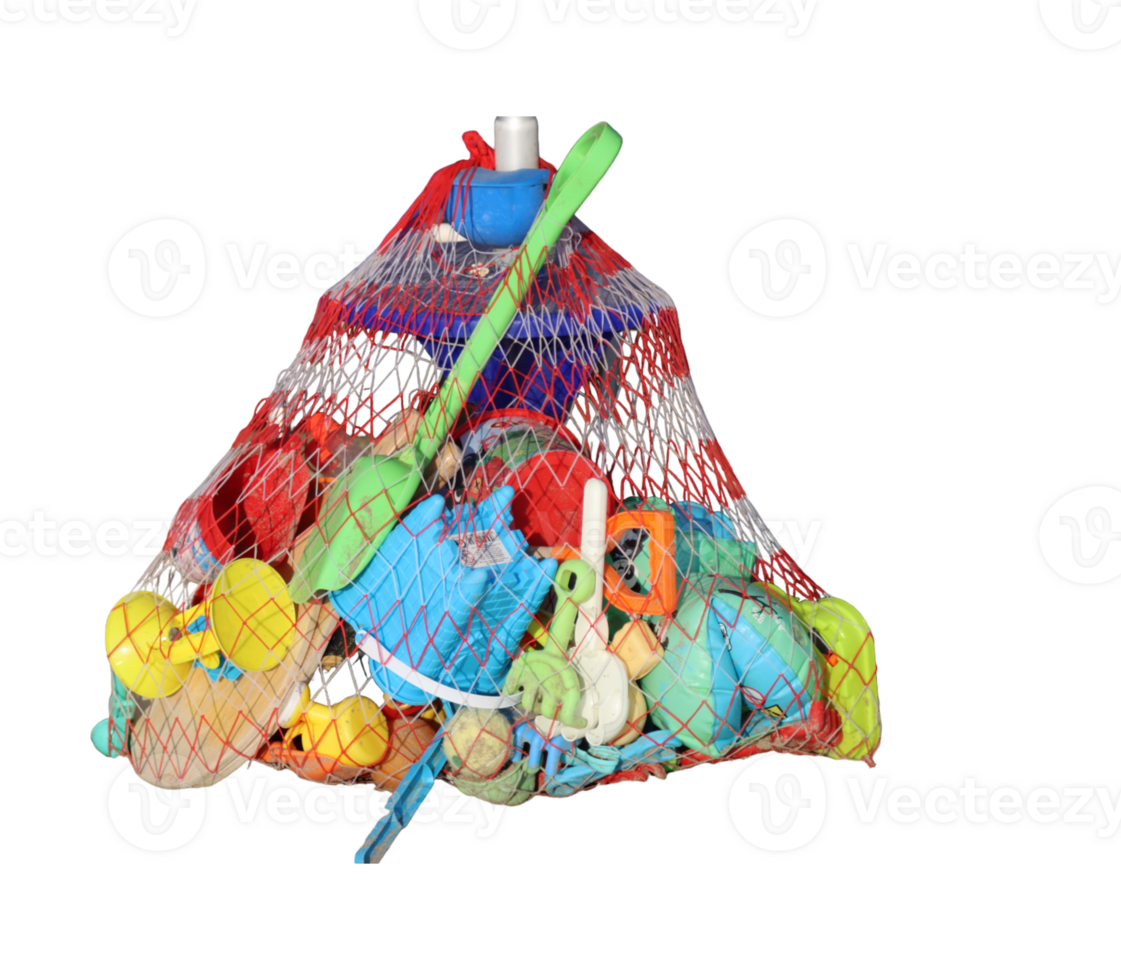 Mesh bag filled with colorful beach toys for children png
