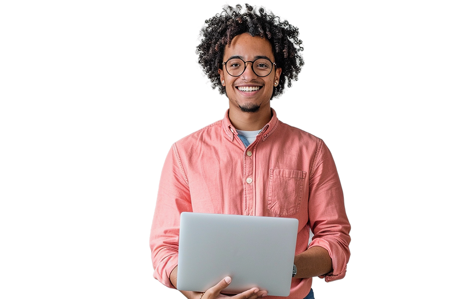 a smiling man with glasses holding a laptop png
