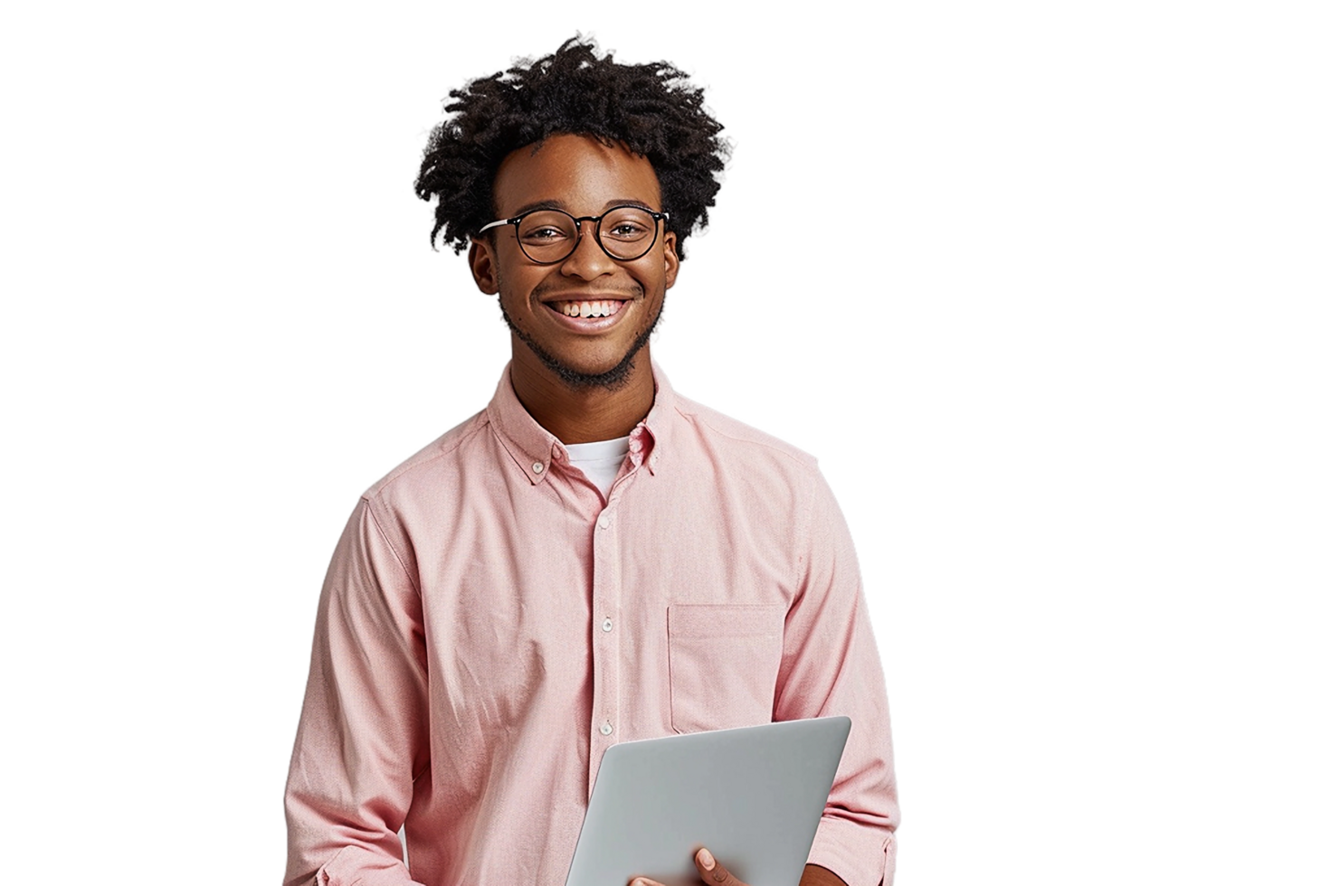 a smiling young man holding a tablet computer png