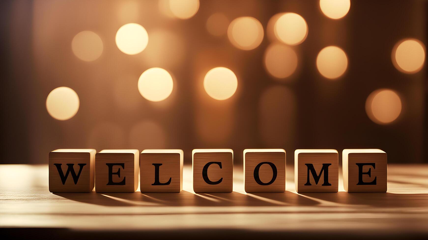 Words WELCOME written on wooden cubes blocks on table with bokeh light background and copy space. Business, welcome and support concept. photo