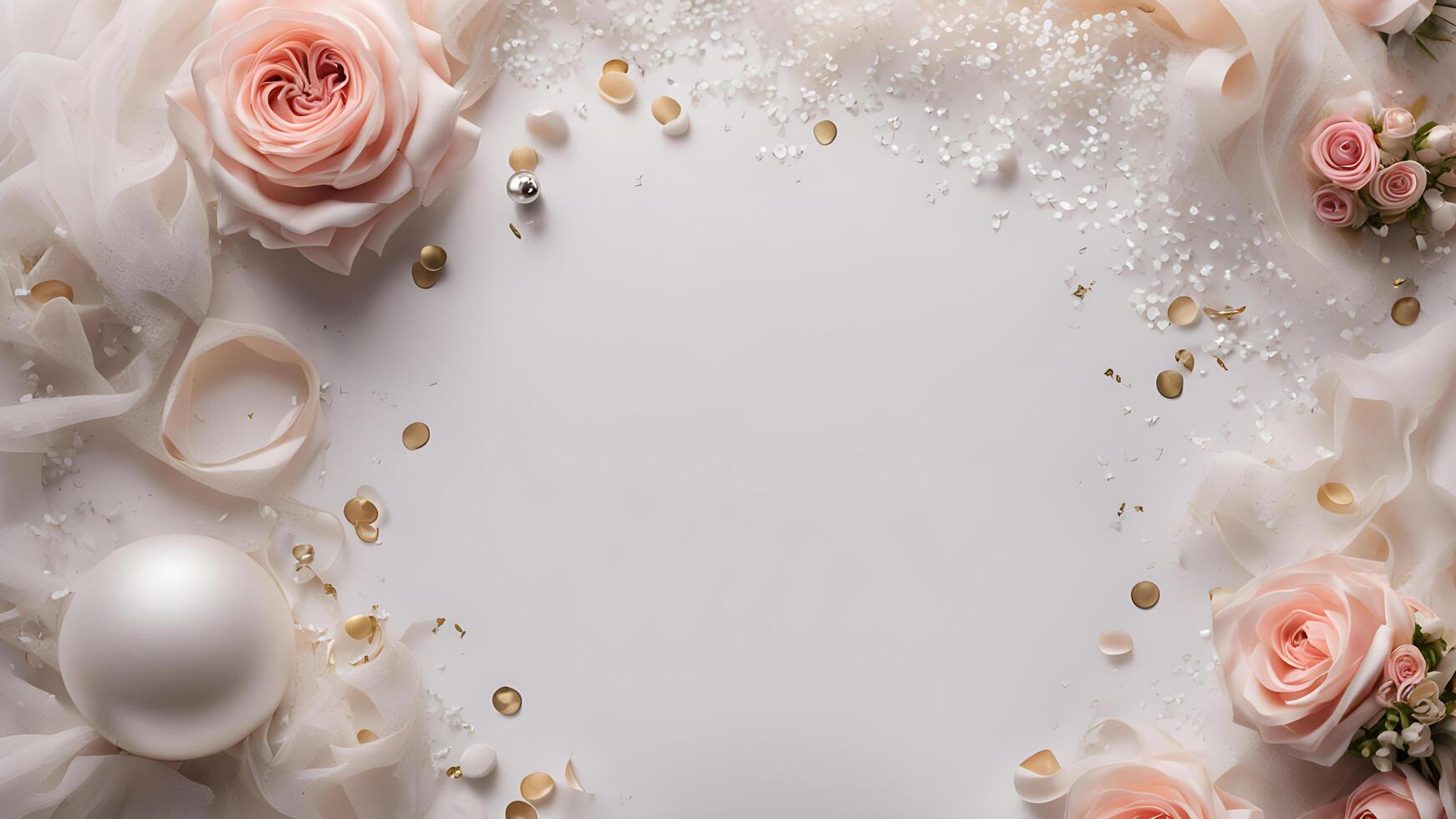 Top view scene layout adorned nude color roses and veil and ball on white background with center free space for creative design photo
