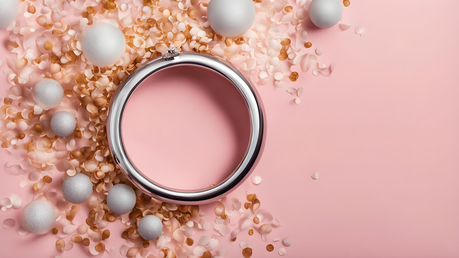 Top view close up of wedding daimond ring adorned layout flower petals and balls on pastel pink background with free space for creative design photo