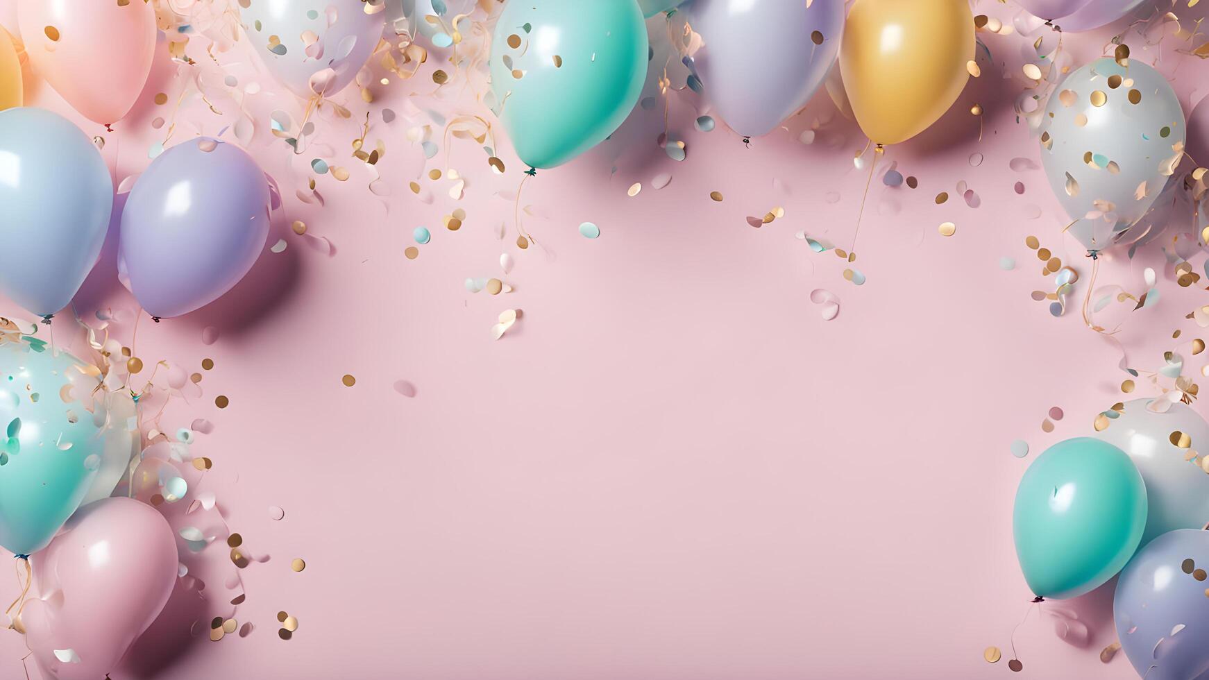 Top view celebrate moment scene adorned pastel balloons, particles sprinkles circle confetti on pink background. Center free space composition layout photo