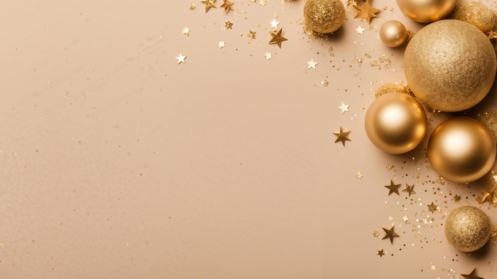 Top view right compose of celebrate moment layout adorned gold balls, golden stars confetti, particles sprinkles, on beige color scene. left compose free space for creative design photo