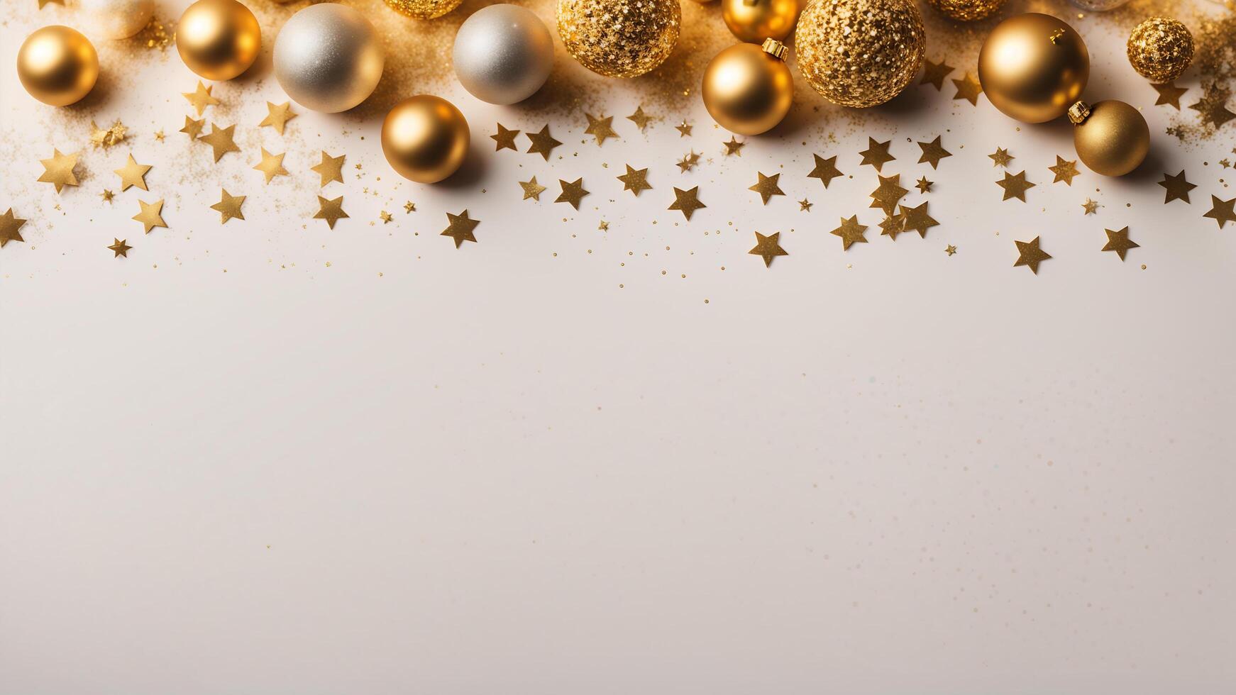 Top view celebrate moment scene adorned gold balls, golden particles sprinkles and confetti arrange top frame on white background. free space on center composition photo