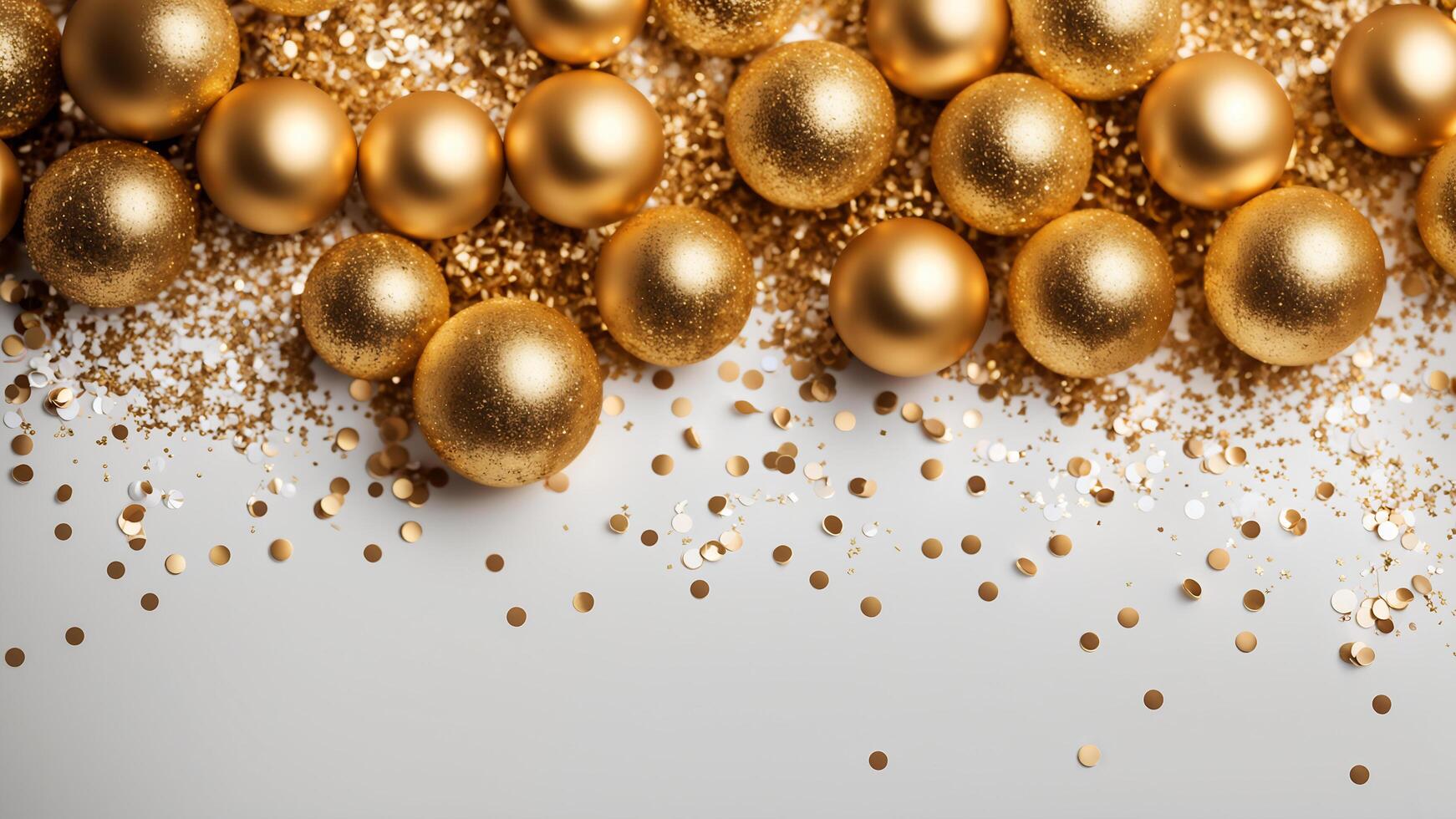 Top view celebrate moment scene adorned gold balls, golden particles sprinkles confetti arrange half frame on white background. free space composition photo