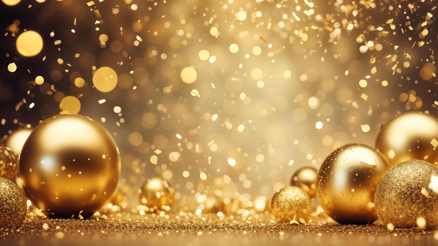 Celebrate moment background adorned close up gold balls, golden particles sprinkles and bokeh light and free space on center composition photo