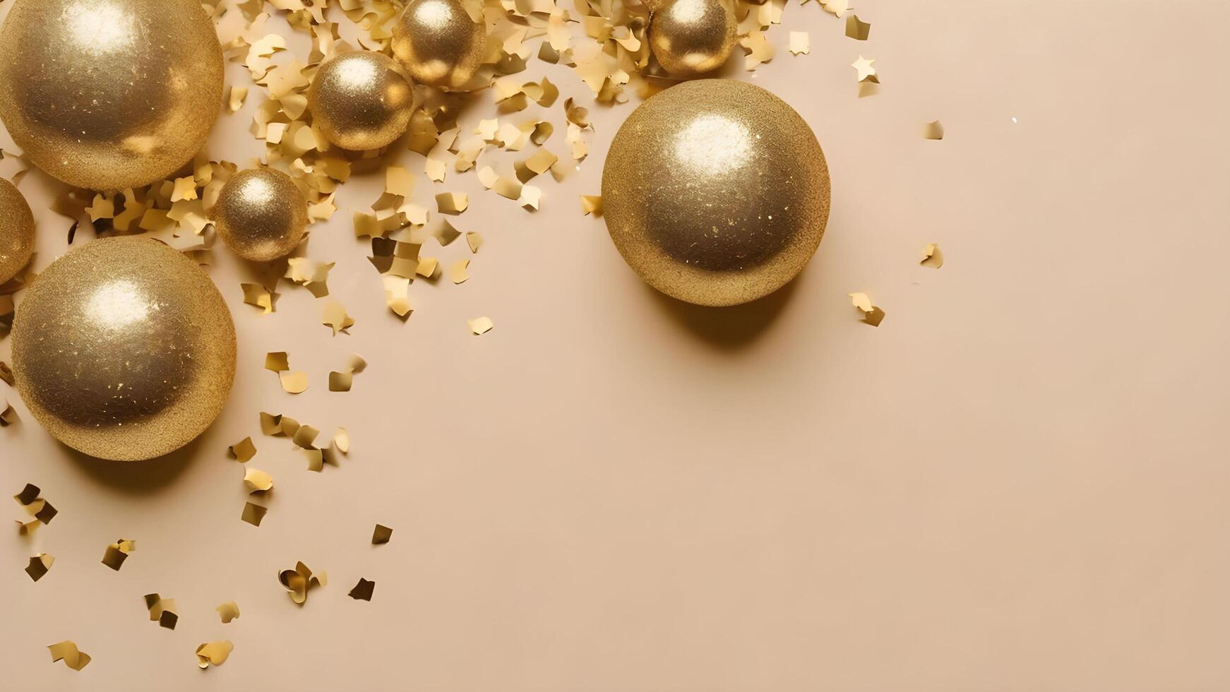 Top view free right compose of celebrate moment layout adorned gold and white balls, golden confetti, particles sprinkles, on beige color scene. photo