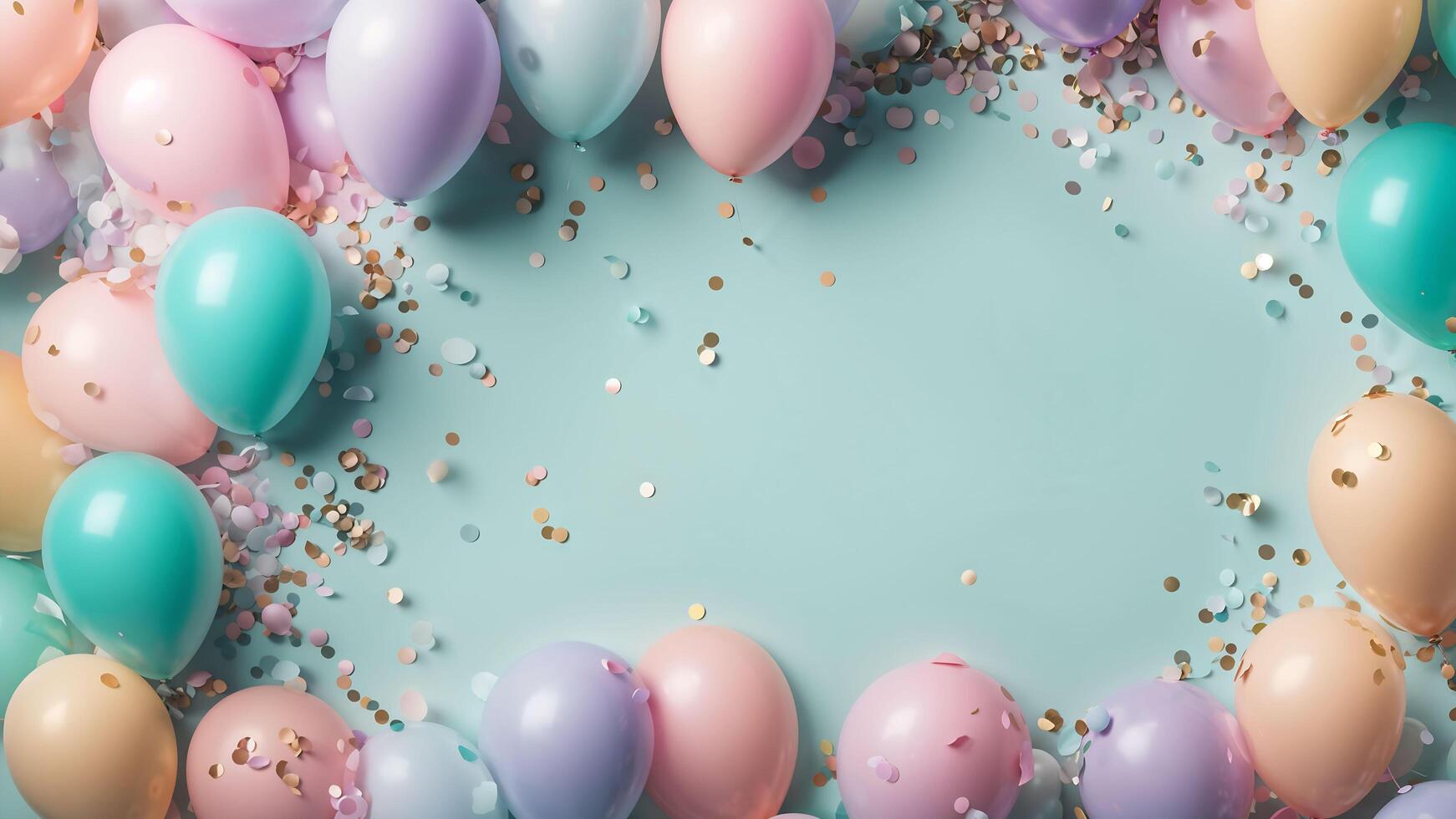Top view celebrate moment scene adorned pastel balloons, particles sprinkles circle confetti on blue background. Center free space composition layout photo