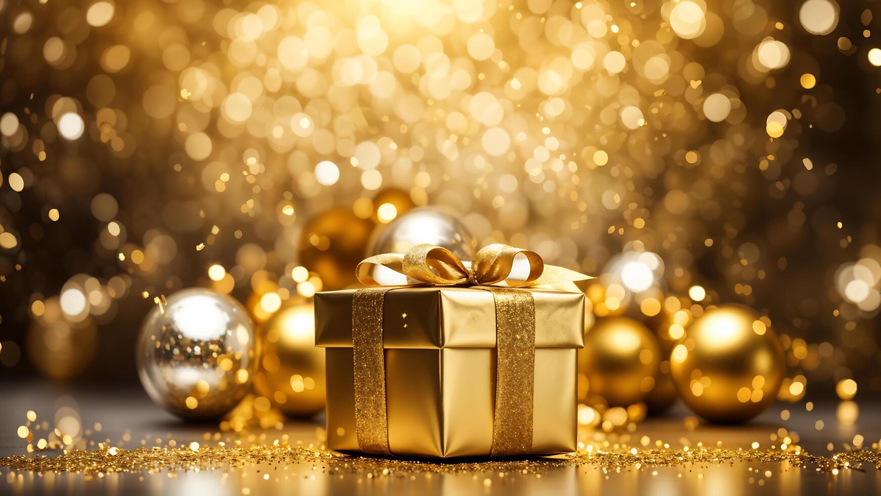 One gold gift box with a shinny bow adorned on golden floor. gold balls, yellow sparkle and bokeh lights on background. photo